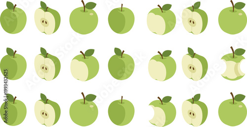 Green Apple Icon Set with Whole, Sliced, and Bitten Fruits Featuring Fresh Organic Food Elements in Clean Flat Vector Illustration Style