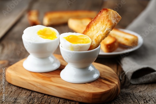 Soft Boiled Eggs Served in White Egg Cups With Toast Sticks on a Wooden Board...