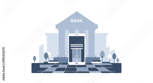 Modern Bank Building with Entrance and Surrounding Landscape