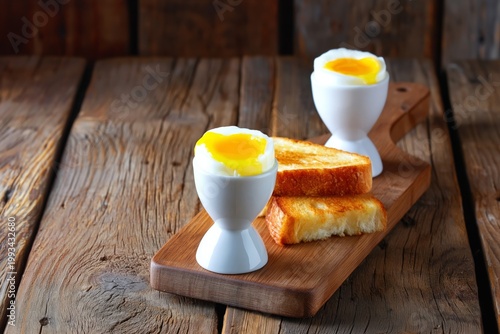 Breakfast of Soft Boiled Eggs and Toast Served on a Wooden Board at a Kitchen...