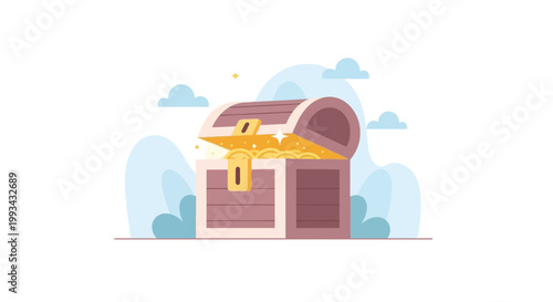 Treasure Chest Filled with Gold Coins in a Dreamy Sky Setting