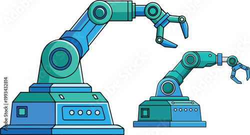 Industrial robotic arm vector illustration, automated factory machinery for manufacturing, blue and teal mechanical robot hand for assembly line