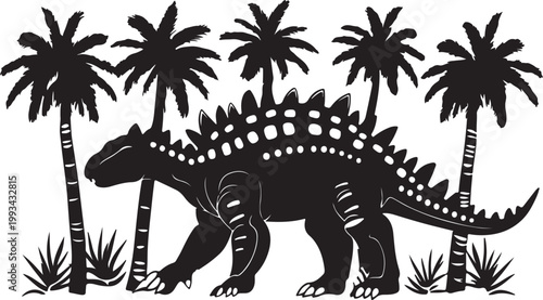 A black silhouette of a prehistoric jurassic dinosaur reptile isolated on white in a cartoon vector illustration style