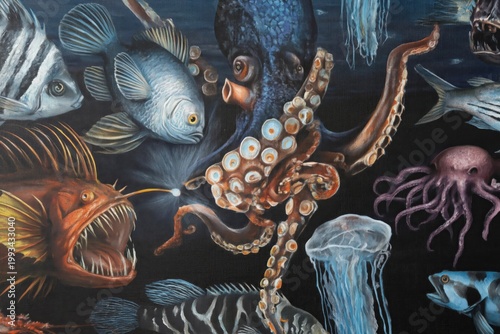 Bright Colors Show Ocean Life With Fish, Jellyfish, and an Octopus Near Rocks...