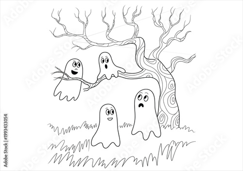 Tableau sur toile Ghosts in Haunted Forest Line Art Illustration Halloween Scene with Trees Spooky