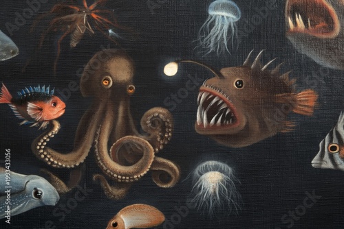 Underwater Scene With Various Sea Creatures Including an Octopus and Jellyfis...