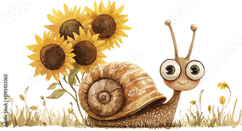 A small brown snail with a spiral shell crawls on a flower in a macro nature closeup, showcasing the slimy mollusk moving slowly through the garden grass and green leaves