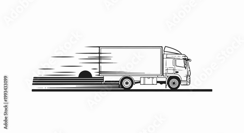 A white truck with a blank cargo area speeds across a flat surface