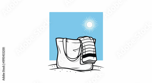 A beach bag with a striped towel rests on sand under a bright sun