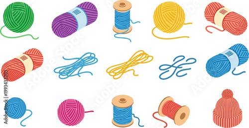 Knitting Yarn and Thread Icon Set Featuring Colorful Balls of Wool, Skeins, Spools, and Textile Craft Elements in Flat Vector Illustration Style