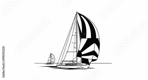 A black and white drawing of two sailboats with striped sails on the water