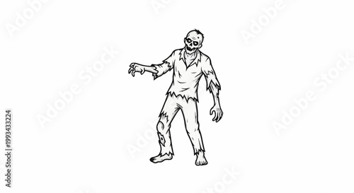 A black and white cartoon drawing of a creepy zombie with tattered clothes
