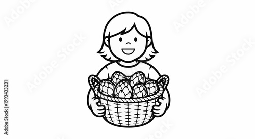 Child smiles holding a basket filled with artichokes, black and white illustration