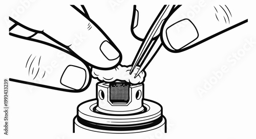 Close-up of hands using tweezers to adjust cotton on a vape coil