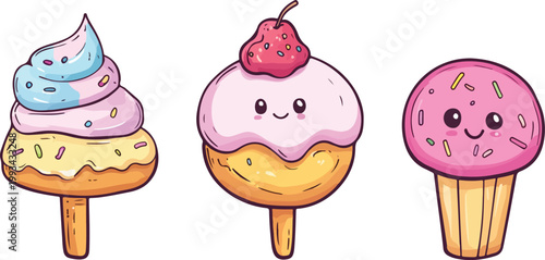 Delicious ice cream cone set and sweet cupcake vector illustration featuring chocolate cherry and strawberry decorations for a birthday celebration party snack