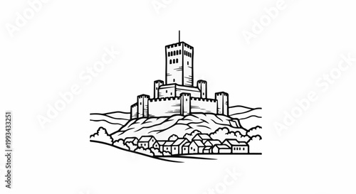 A black and white line drawing of a large castle on a hill overlooking a village