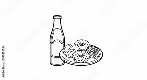 A bottle of drink and a plate of donuts