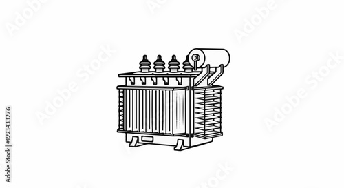 Detailed illustration of a power transformer with multiple insulators and cooling fins
