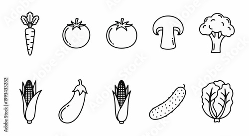 Collection of simple line art icons featuring various healthy vegetables arranged in two rows