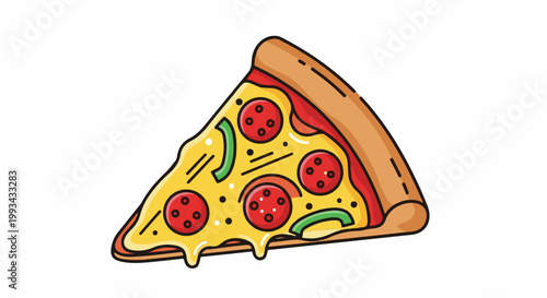 A cartoon slice of pepperoni pizza with melted cheese and green peppers