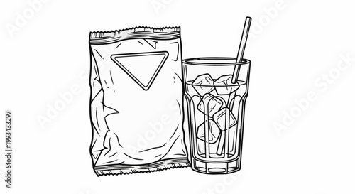 A bag of snacks sits beside a tall glass of iced beverage with a straw
