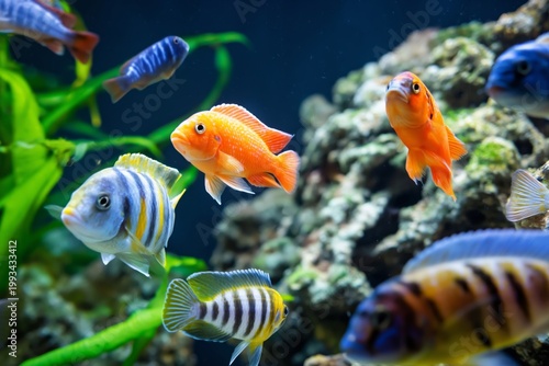 Colorful Fish Swim in an Aquarium Among Plants at a Home Setup During Daytime...