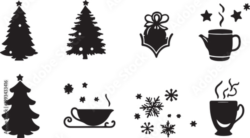 Coffee cup icon set vector illustration with Christmas winter holiday decoration design including tree snowflake ornament tea cup pattern and celebration symbols
