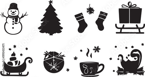 Christmas icon set featuring Christmas tree gift snowman Santa star snowflake bell stocking ornament winter holiday celebration vector cartoon illustration design symbol