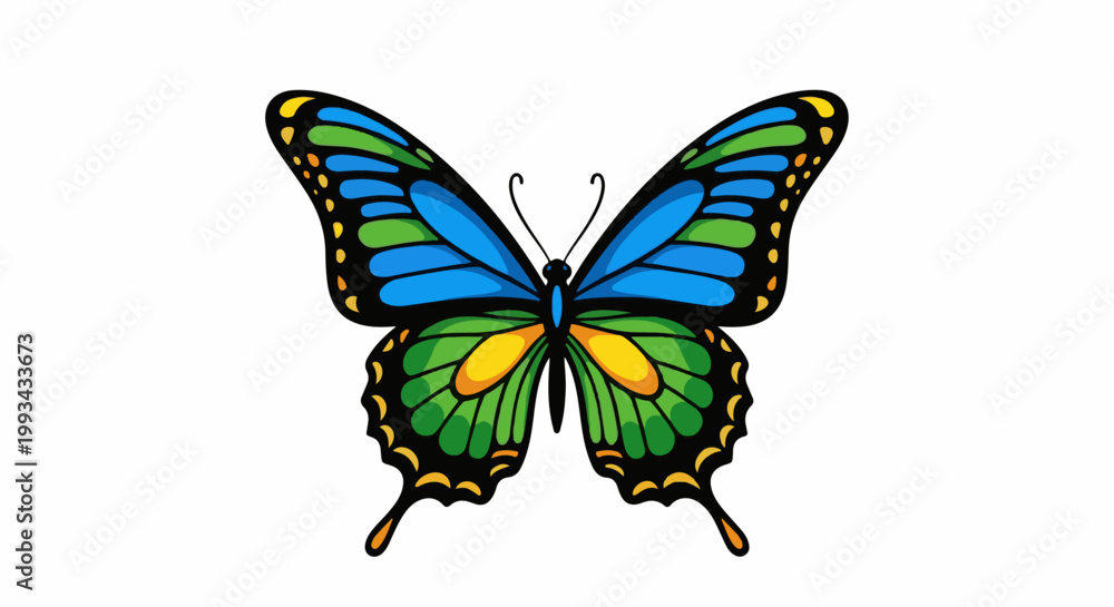 Fototapeta premium Vibrant butterfly with blue, green, and yellow wings on white background