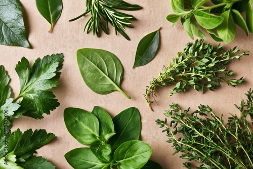 Fresh Herbs Laid out on a Brown Background With Different Types of Leaves Sho...