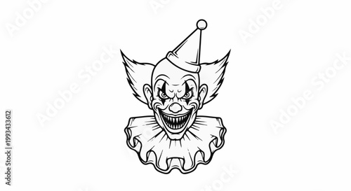 A menacing clown with a pointed hat and ruffled collar, drawn in black and white