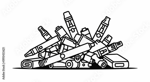 A messy pile of electronic cigarettes and accessories, drawn in outline
