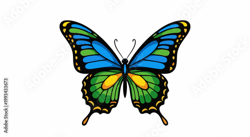 Vibrant butterfly with blue, green, and yellow wings on white background