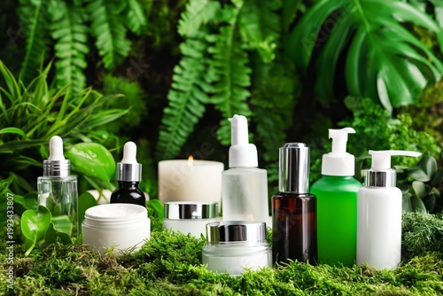 Natural Skincare Products Arranged on Green Moss and Surrounded by Plants in ...