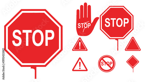 Collection of red stop signs and traffic warning symbols
