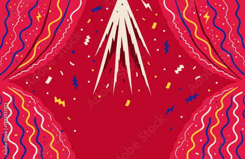 Red stage curtains with spotlight and festive falling confetti for performance or award ceremony background