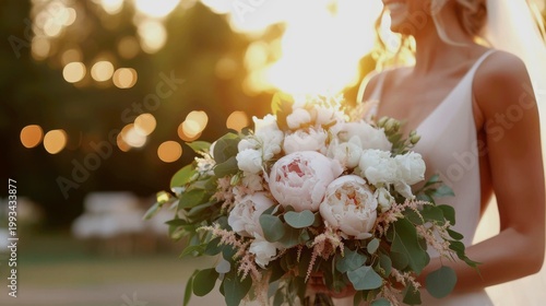  A radiant bride in a simple silk dress is caught mid-action, tossing a lush, trailing bouquet of white and blush peonies with eucalyptus