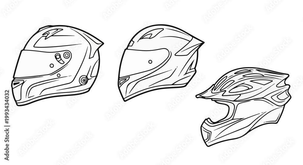 Naklejka premium Three line drawings of protective headwear for sports and vehicles