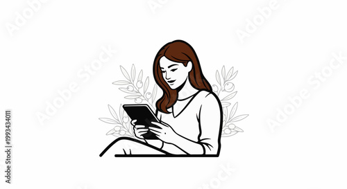 Woman with dark hair looking down at an e-reader with olive branches behind her