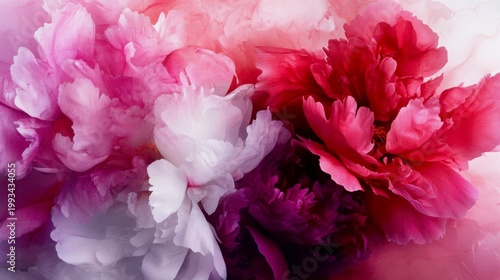  A blur of colorful brushstrokes in pinks, whites, greens, and blues forms the impression of a peony garden in dappled sunlight
