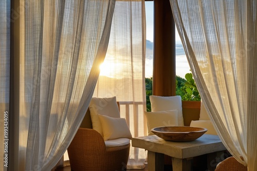Sunrise Seen Through Curtains in a Cozy Outdoor Seating Area