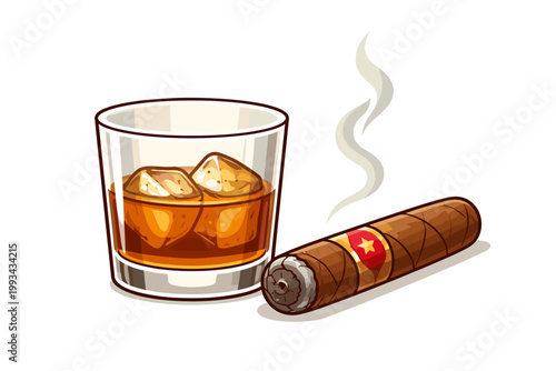 Classic Glass of Whiskey with Ice Cubes and a Smoking Cuban Cigar Vector Illustration. Elegant Scotch Drink and Tobacco Icon for Luxury Lifestyle, Bar Menu, and Relaxation Concept Art Design.