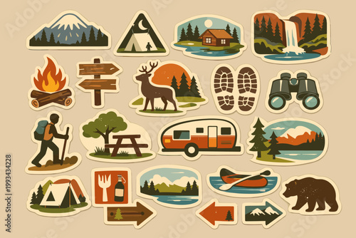Vintage Retro National Park Sticker Set featuring Outdoor Adventure Icons like Camping Tents, Hiking Trails, Wildlife, Mountains, Campfires, and Forest Landscapes for Nature Exploration Design.