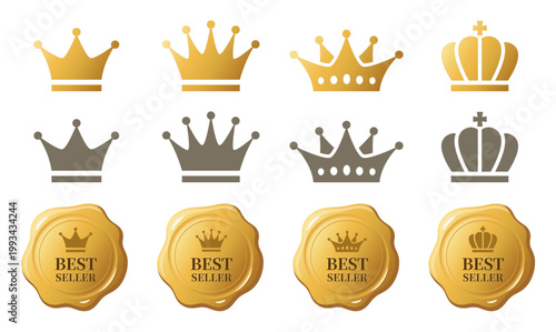 王冠アイコンとベストセラーバッジ（封蝋風）のセット・高級デザイン素材