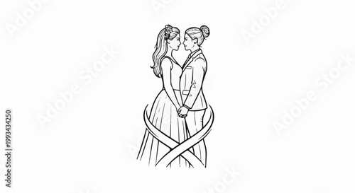 Two women in wedding attire holding hands, facing each other