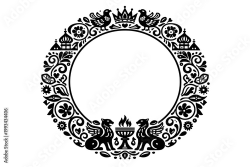 Russian folk art circular frame with traditional Slavic ornaments, birds, griffins, and orthodox church domes. Black and white vector border for ethnic design, invitation, or certificate.