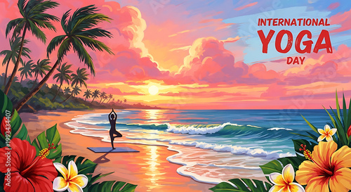 yoga pose sunset on the beach for international yoga day poster.
