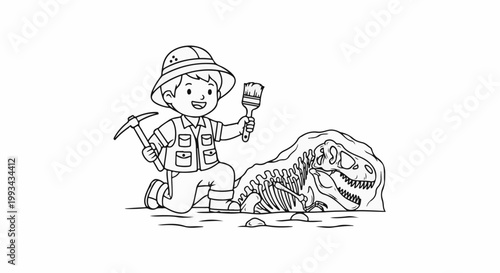 Young explorer brushes fossilized dinosaur bones with pickaxe