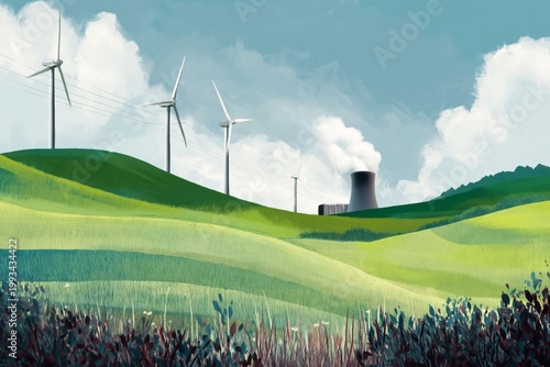 Wind Turbines and Power Plant View on Green Hills Under Blue Sky