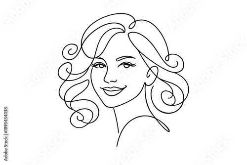 Elegant Continuous Line Drawing of a Beautiful Smiling Woman's Face with Voluminous Curly Hair, Minimalist Vector Portrait for Beauty, Fashion, Skincare, Hair Care, and Modern Aesthetic Design